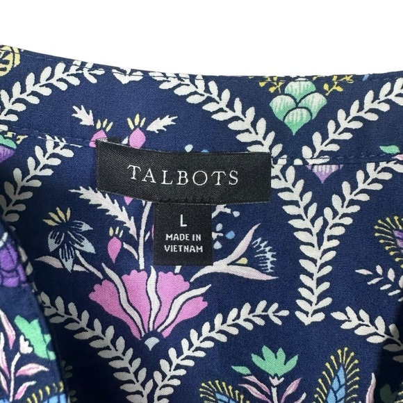 Talbots Poplin Belted Shirt Dress Short Sleeve Scalloped Floral Multi Size Large - Picture 5 of 12